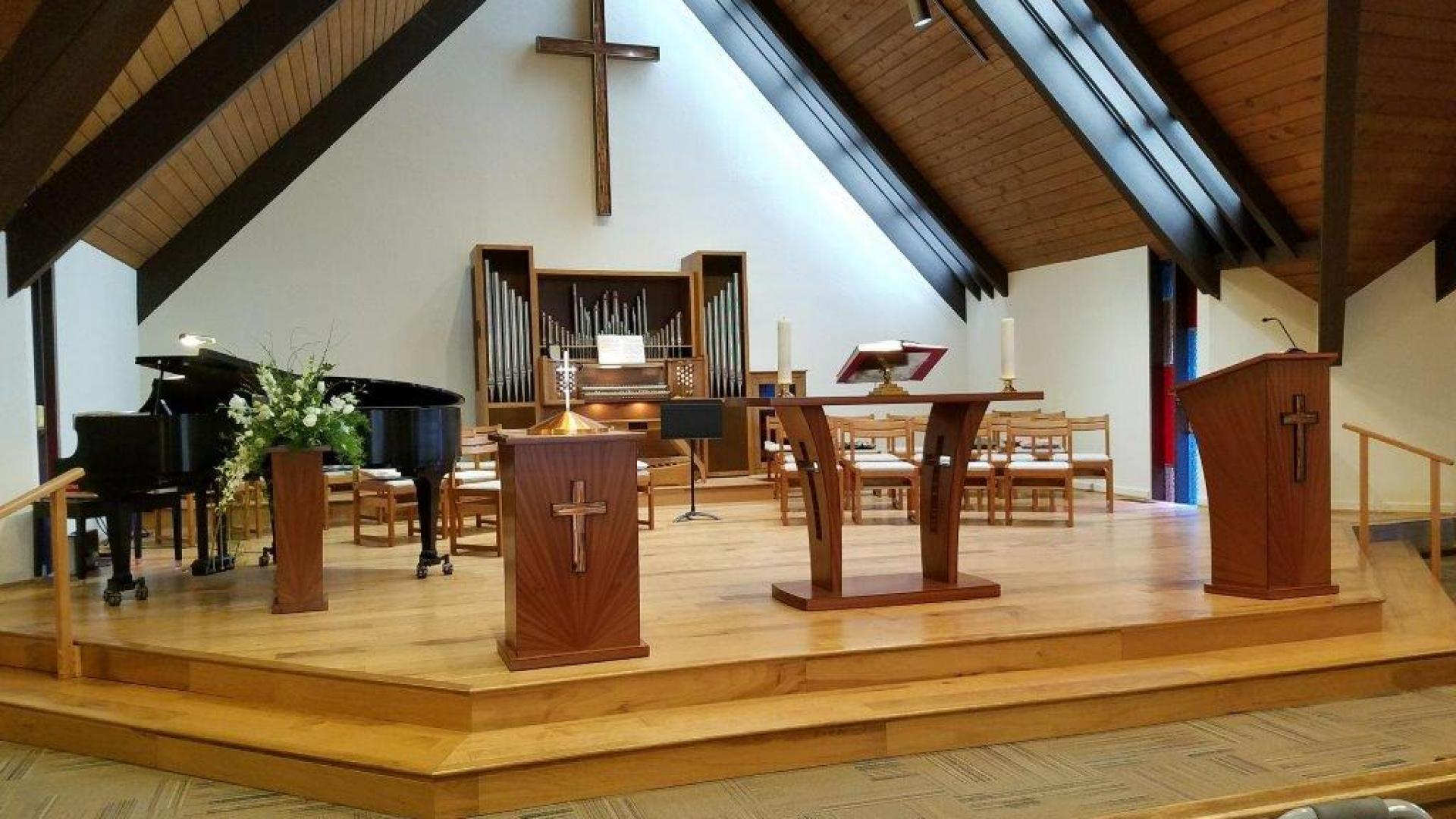 Lutheran Church Pulpit, Baptismal, Floral Table, Altar, and Cross by Don DeDobbeleer, Fine Custom Wood Furniture